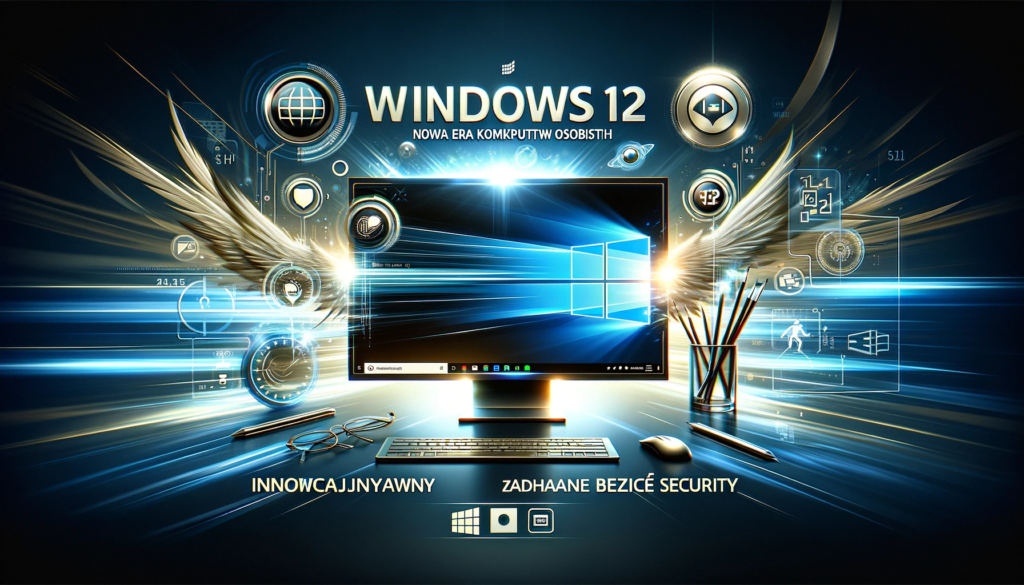 Grafika przedstawiająca nowoczesny komputer z interfejsem Windows 12, z naciskiem na nowe funkcje systemu - innowacyjny UI, zaawansowane bezpieczeństwo i wydajność na najwyższym poziomie. Tło to stylizowany, cyfrowy krajobraz, podkreślający nowoczesność i zaawansowaną technologię Windows 12