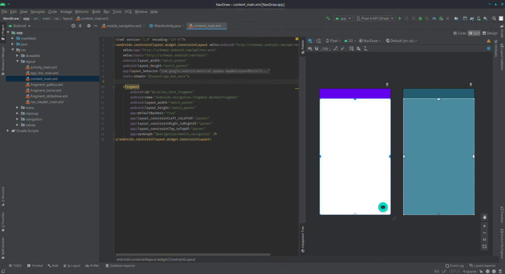 Widok Android Studio z edytorem układu XML aplikacji mobilnej.