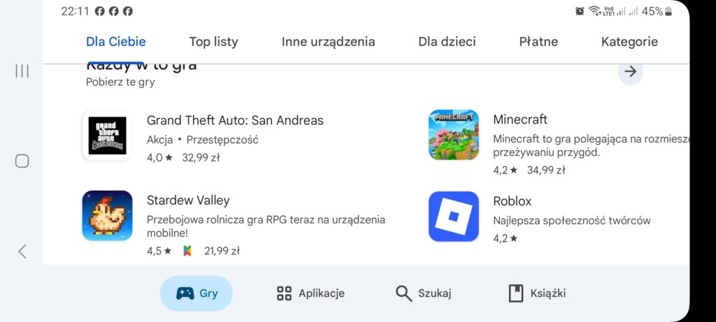 Zrzut ekranu z Google Play przedstawiający popularne gry mobilne: GTA San Andreas, Minecraft, Stardew Valley i Roblox.