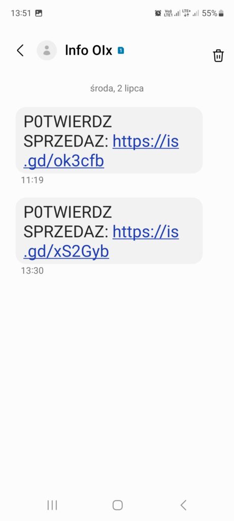 Podejrzany SMS z prośbą o potwierdzenie sprzedaży i linkiem phishingowym podszywający się pod OLX