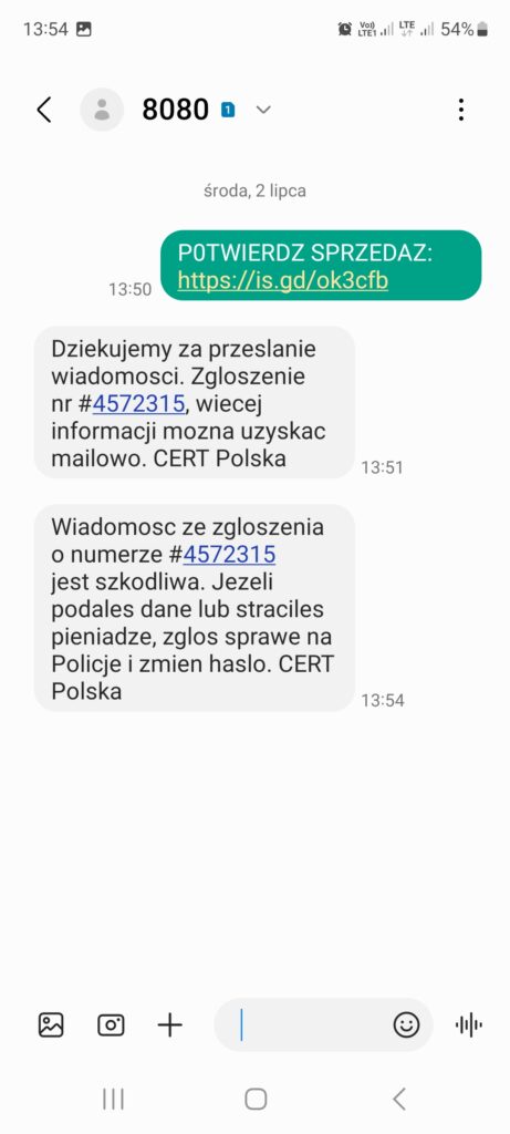 Odpowiedź z numeru 8080 od CERT Polska potwierdzająca, że przesłana wiadomość SMS jest szkodliwa